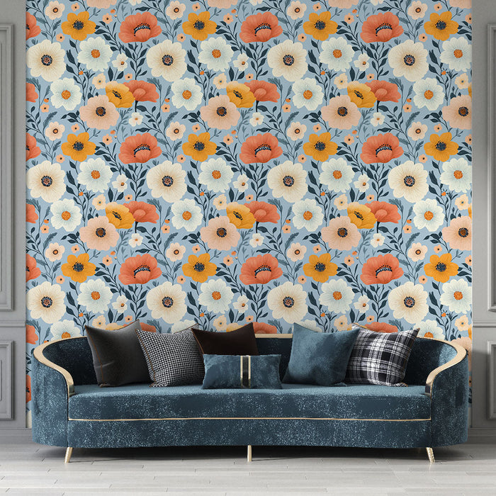 Renkli çiçekli duvar kağıdı | Mavi bir arka plan üzerinde çiçek deseni