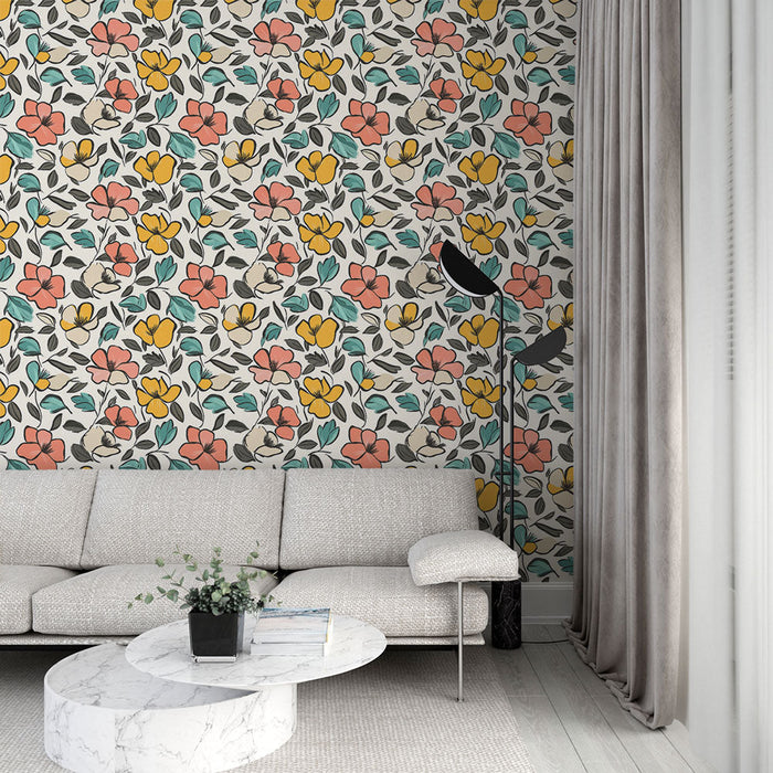 Цветна цветна тапети | Светъл модел на цветя и листа на кремав фон