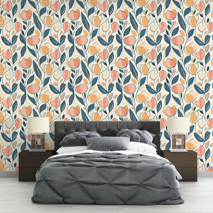 Renkli çiçekli duvar kağıdı | Hafif bir zemin üzerinde lale ve yaprakların zarif deseni