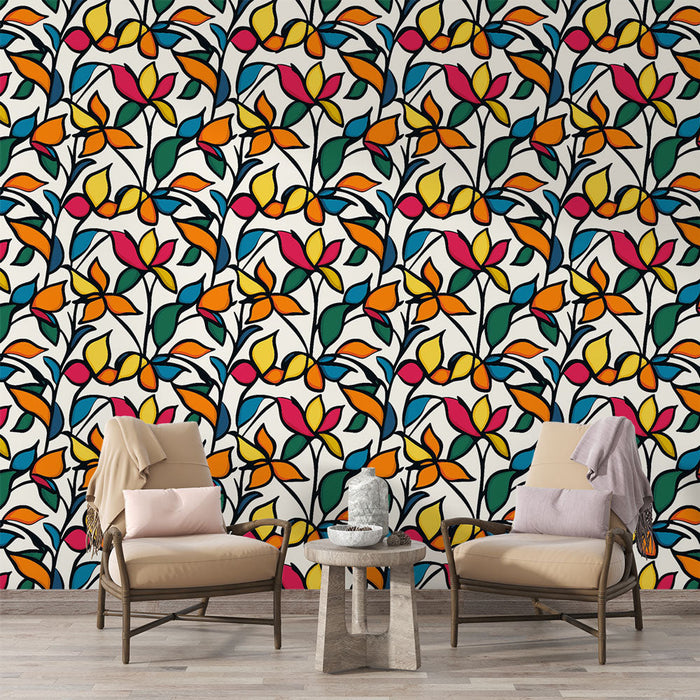 Цветна цветна тапет | Живописен модел на цветя и листва