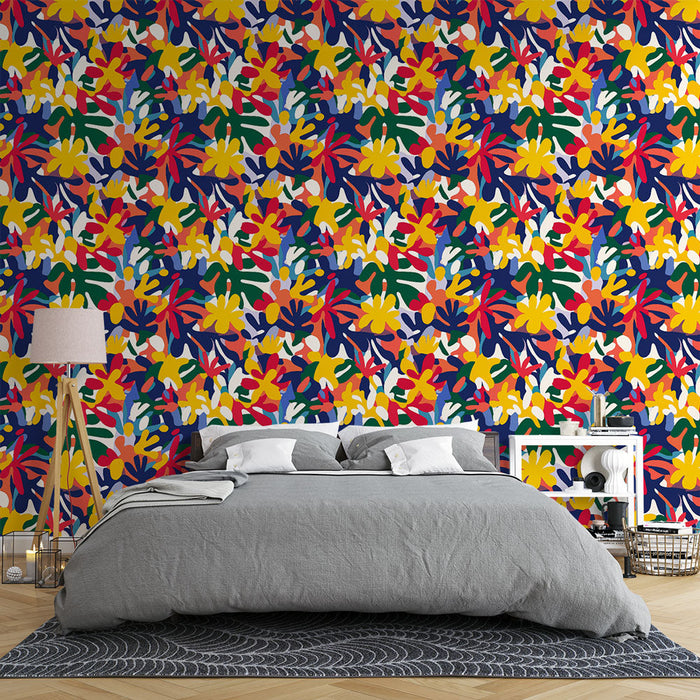 Színes virágos tapéta | Élénk mintás sokszínű virágok és lombozat