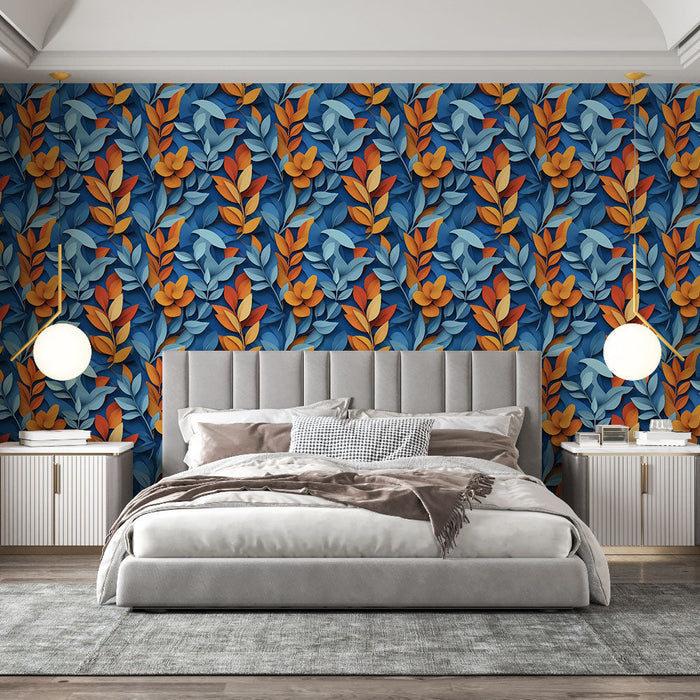 Barvita cvetlična tapeta | Živahen vzorec cvetja in listja na modrem ozadju