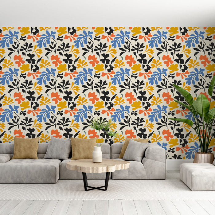 Buntes Blumentapete | Muster von Laub in hellen und kontrastierenden Farben