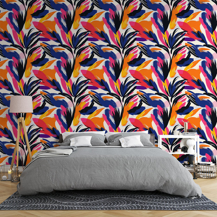 Farverig blomstret tapet | Blad mønstre med nuancer af pink, orange og blå