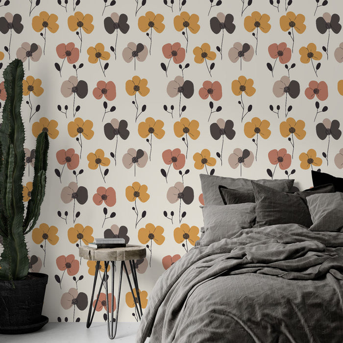 Szőrös virágos tapéta | Virágminták meleg tónusokban világos háttéren