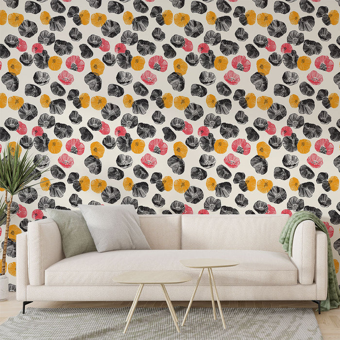 Πολύχρωμο ταπετσαρία με λουλούδια | Μοτίβα λουλουδιών σε μαύρο, ροζ και κίτρινο σε ανοιχτό φόντο