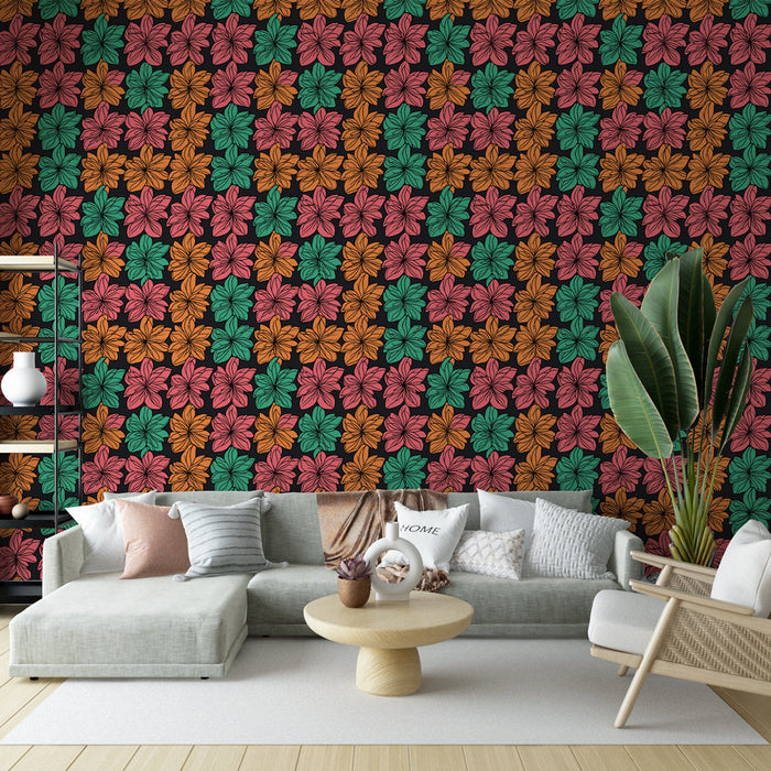 Kolorowa tapeta z motywem kwiatowym | Wzory kwiatowe w różowych, pomarańczowych i zielonych kolorach na czarnym tle