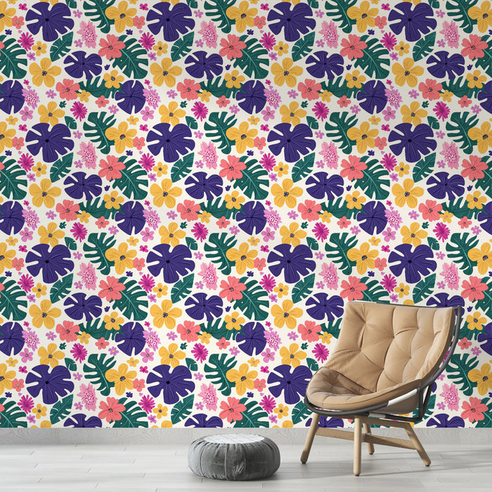 Tapete с цветни цветя | Живописни цветя и листа върху светъл фон