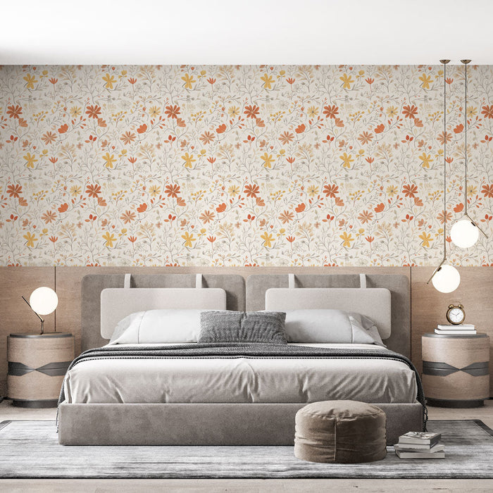 Πολύχρωμο ταπετσαρία με λουλούδια | Κίτρινα, πορτοκαλί και κόκκινα μοτίβα λουλουδιών σε κρεμαστό φόντο