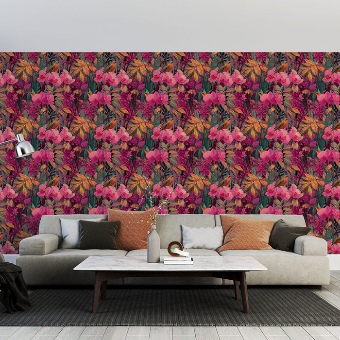 Floral Wallpaper | Bunte Blumenmuster und lebendiges Laubwerk mit Vögeln