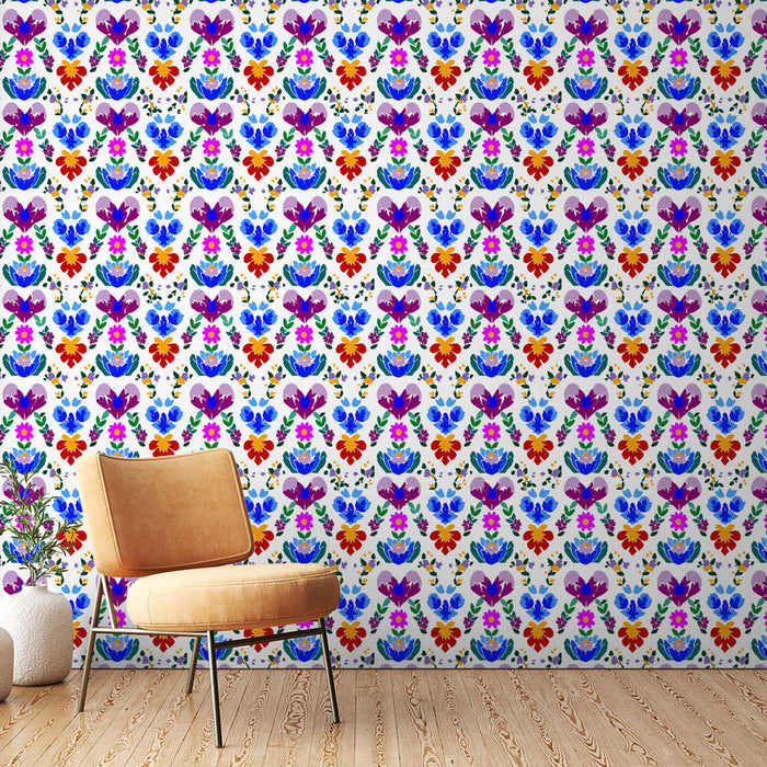 Carta da parati murale floreale colorata | Motivi floreali e cuori vibranti su sfondo chiaro