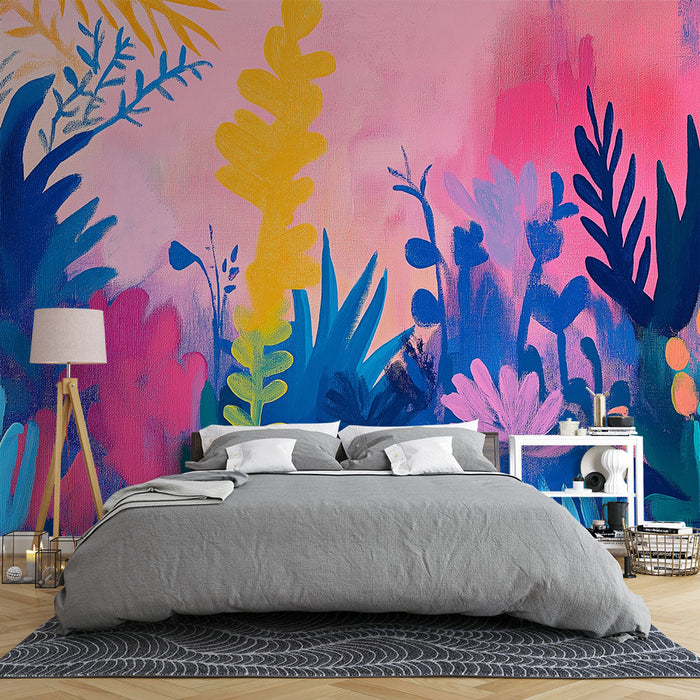 Papel de parede mural floral colorido | Plantas vibrantes em fundo rosa