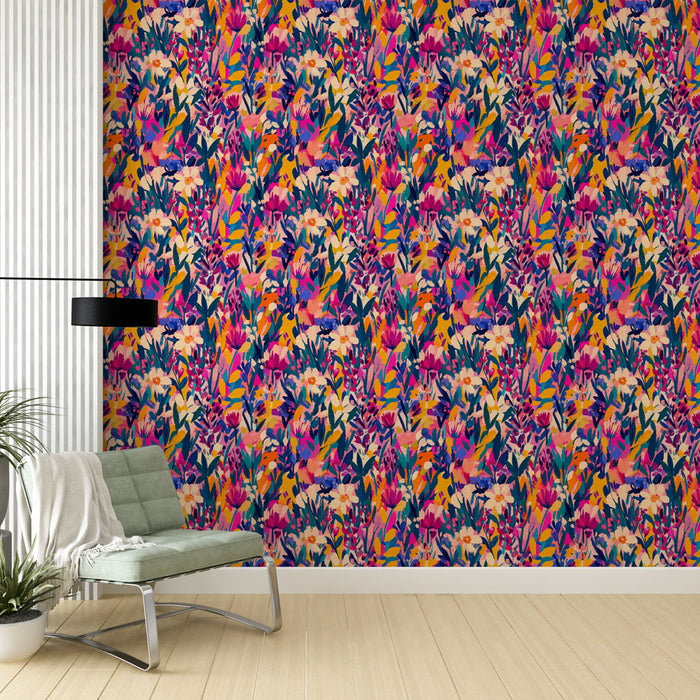 Szinés Virágos Tapéta | Virágok és lomb mixe vidám háttéren