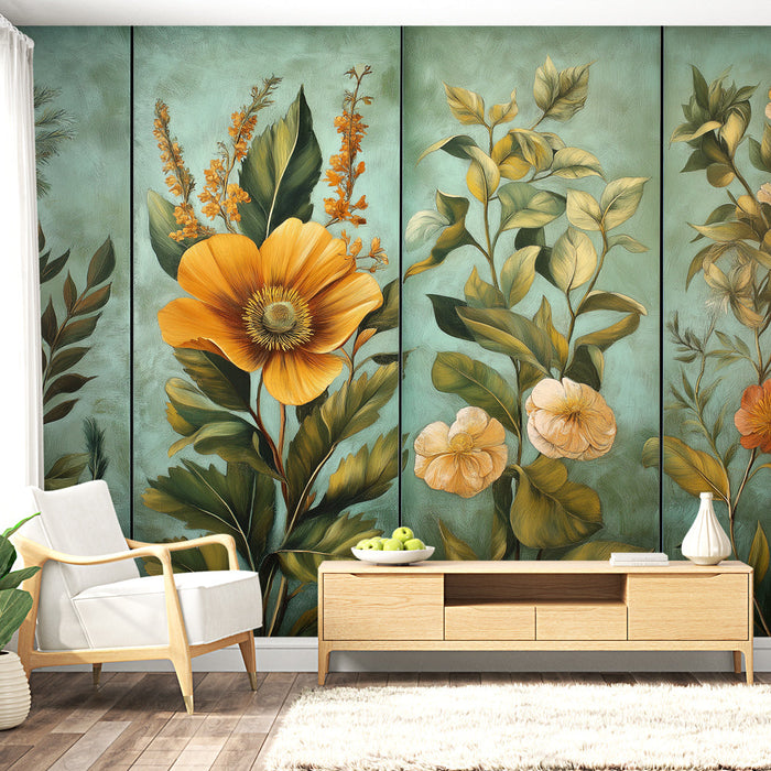 Tapete floral | Πολύχρωμη σύνθεση λουλουδιών και φυλλώματος σε μπλε τουρκουάζ φόντο