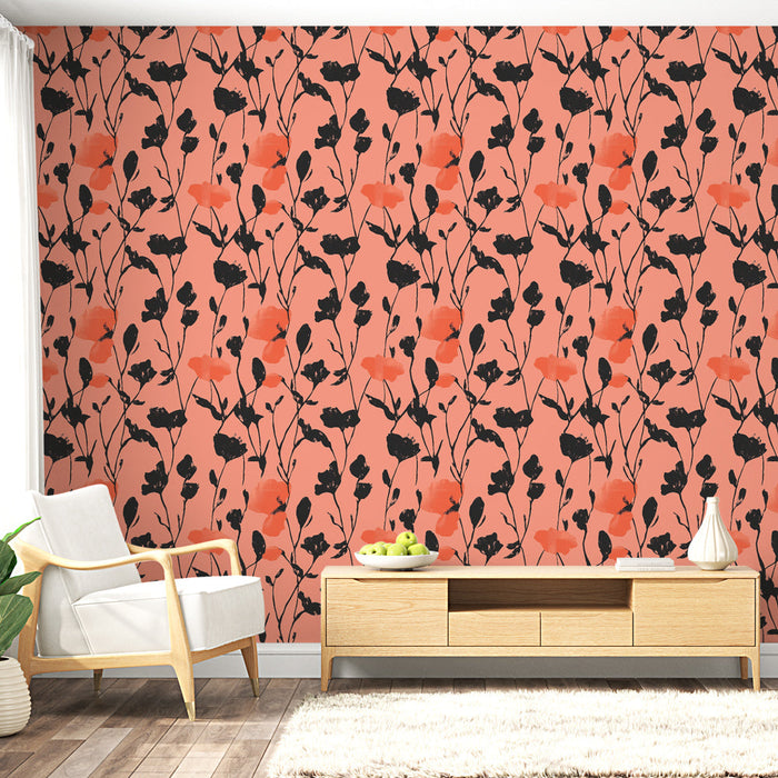 Tapeta květinový korálový | Černý a korálový květinový vzor na jemném pozadí