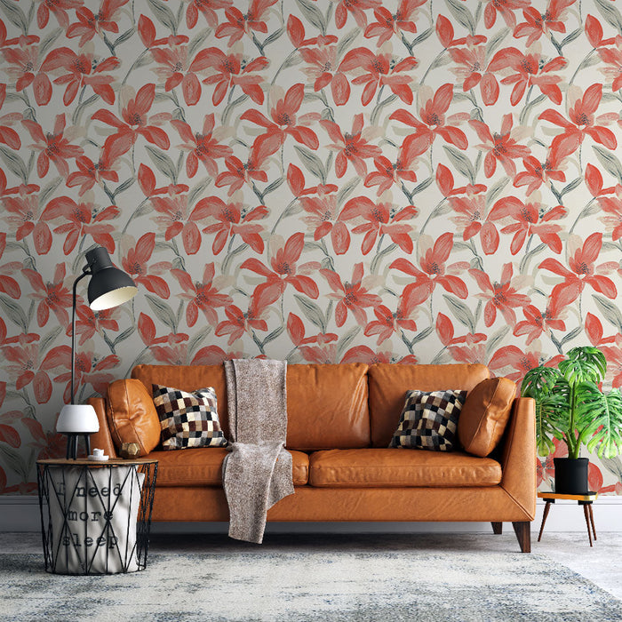 Mural Wallpaper floral coral | Bright coral flower pattern on a light background