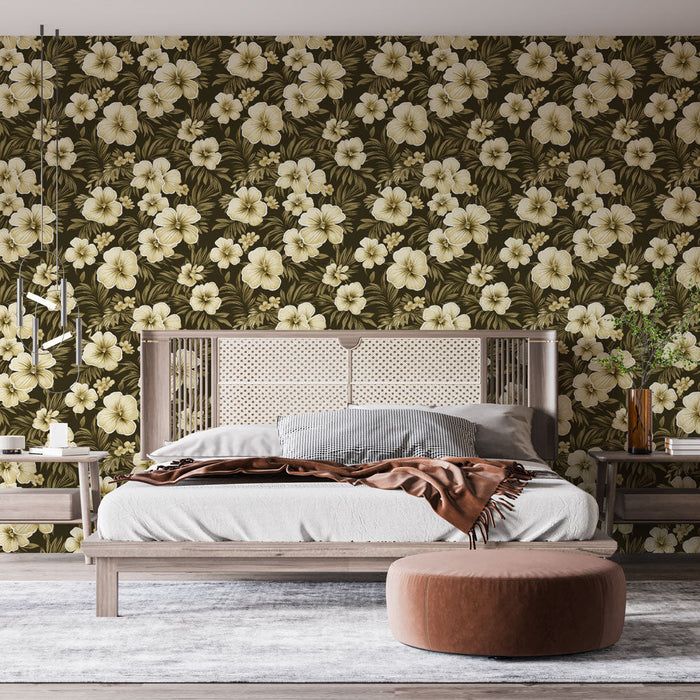 Mural Wallpaper floral cream | Delicate flowers on a dark background