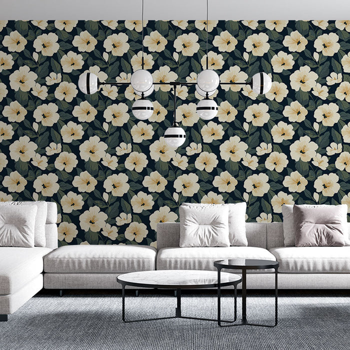 Papel de parede floral creme | Padrão de flores brancas em fundo escuro