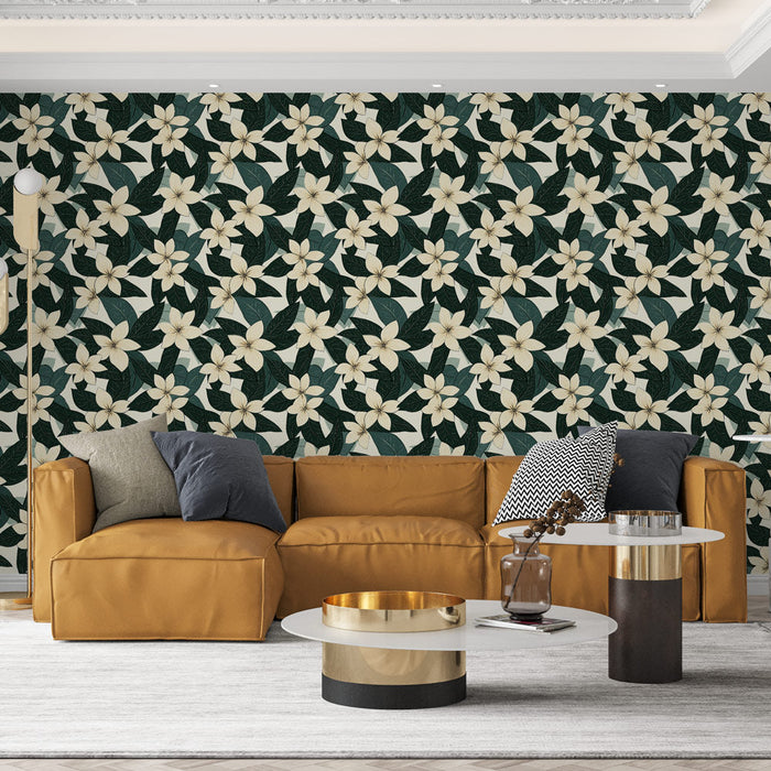 Papel pintado floral cremoso | Patrón de flores blancas y follaje verde oscuro