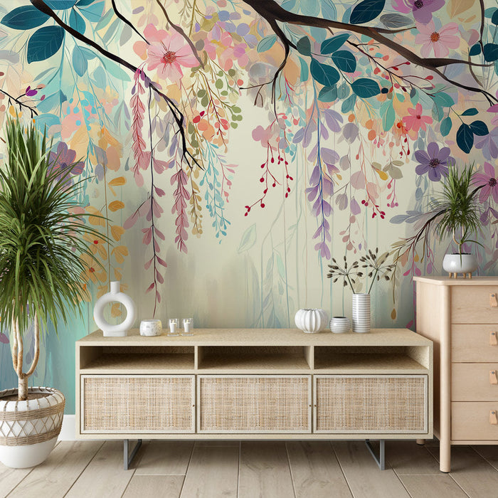 Tapet floral delicat | Ramuri înflorite în culori delicate