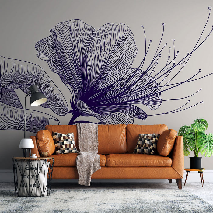 Delicate floral mural wallpaper | Linear drawing of a flower with an artistic hand