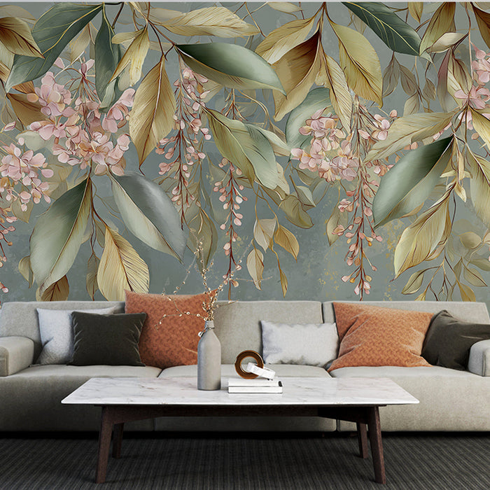 Tapet mural floral delicat | Frunze elegante și flori pastel pe fundal calm