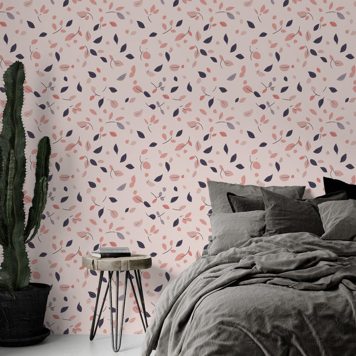 Fototapet delikat blomstermønster | Pastellfargede blader og bær på myk bakgrunn