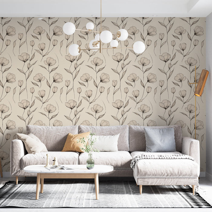 Tapeta s cvjetnim uzorkom | Skicirani cvjetovi s bež i smeđim nijansama na svijetloj pozadini