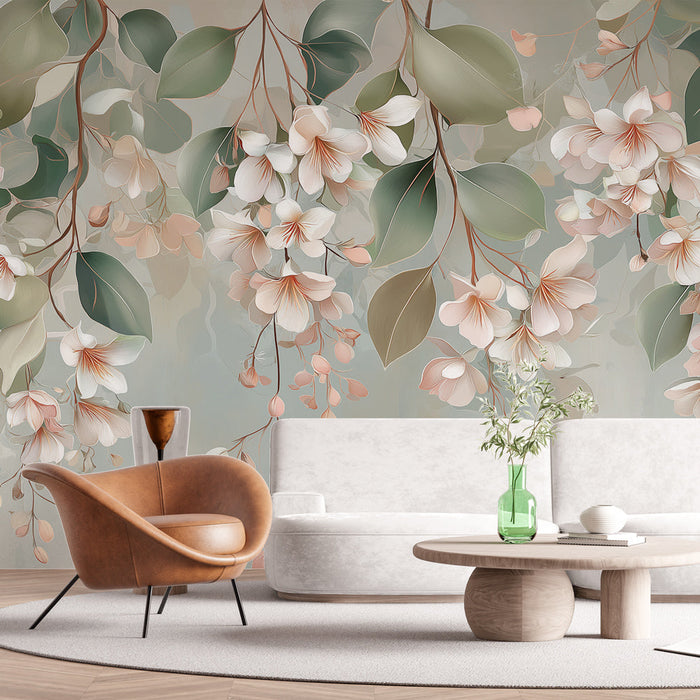 Delicate floral mural wallpaper | Pastel flowers and subtle foliage on a soothing background