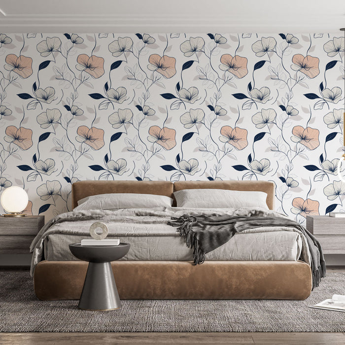 Fototapet delikat blomstermønster | Pastellblomster og tynne linjer på lys bakgrunn