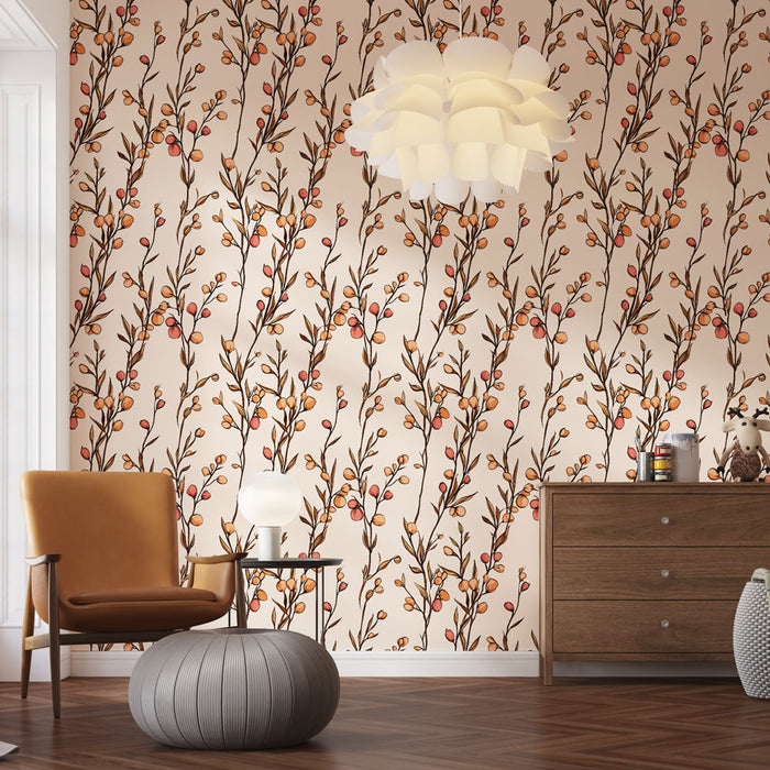 Delicate floral wallpaper | Branch and berry patterns in soft tones