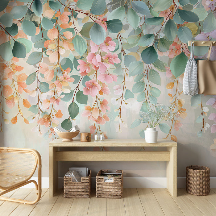 Delicate floral mural wallpaper | Pastel leaf and flower patterns