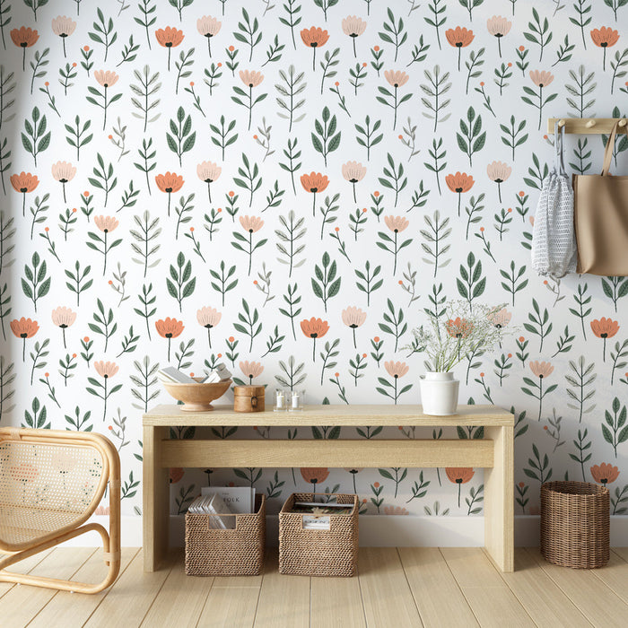 Nežen cvetlični tapet | Barviti vzorci cvetja in listov na beli podlagi