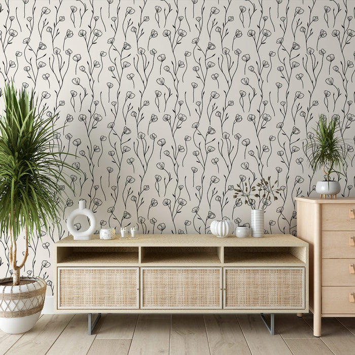 Tapet mural floral delicat | Modele de flori schitate pe fundal bej