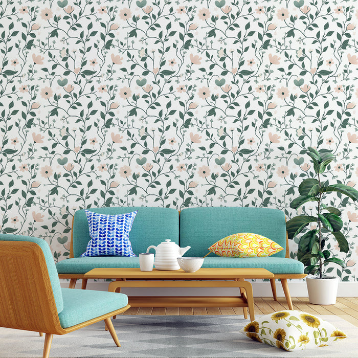 Papel de parede floral delicado | Padrões de flores e folhas em tons suaves