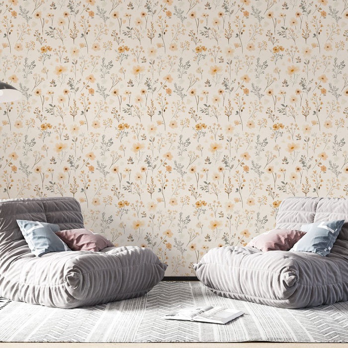 Fototapet med delikate blomstermønstre | Gule og beige blomstermotiver på lys baggrund