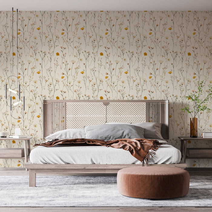 Delicate floral Foto Behang | Gele en witte bloemenpatronen op een neutrale achtergrond