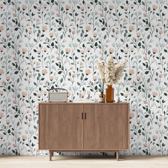 Tapeta z nežnimi cvetličnimi vzorci | Pastelni cvetlični motivi in elegantno listje