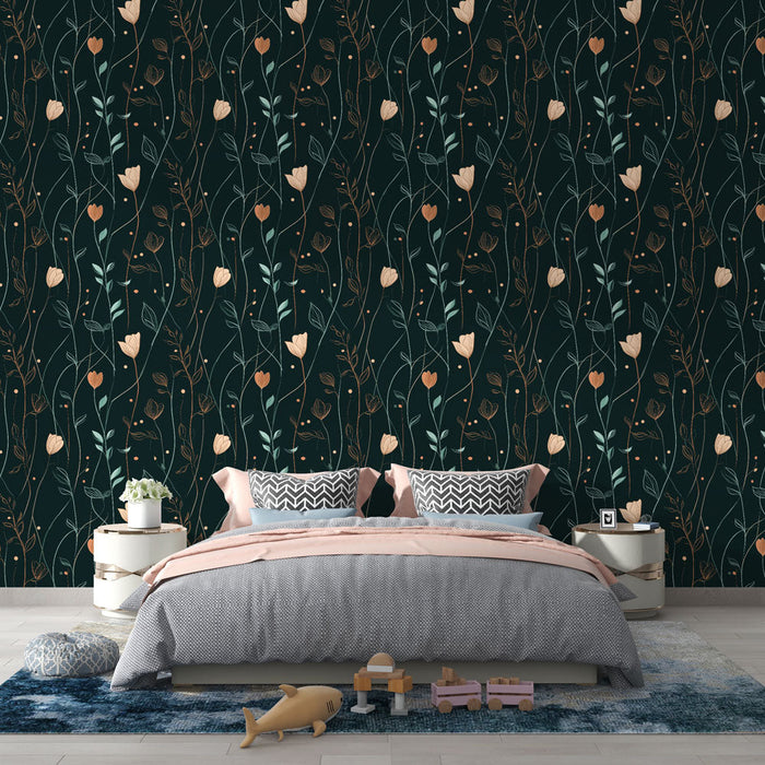 Delicate floral Mural Wallpaper | Flower patterns on a dark background