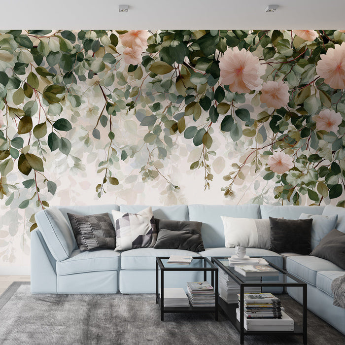 Papel pintado floral delicado | Un diseño de flores rosas y follaje exuberante