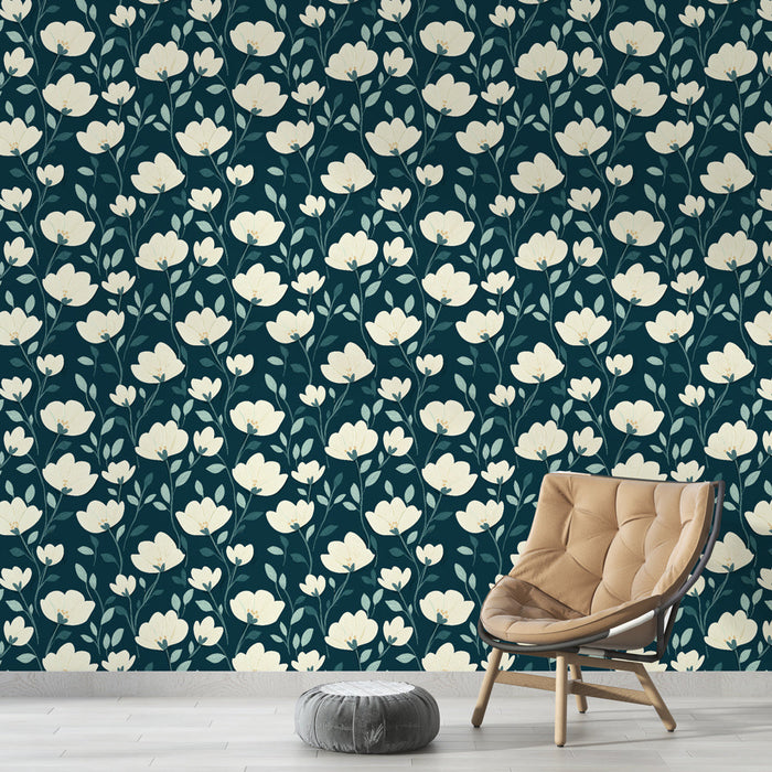 Floral Mural Wallpaper | λεπτά λευκά λουλούδια σε μπλε φόντο μεσάνυχτα