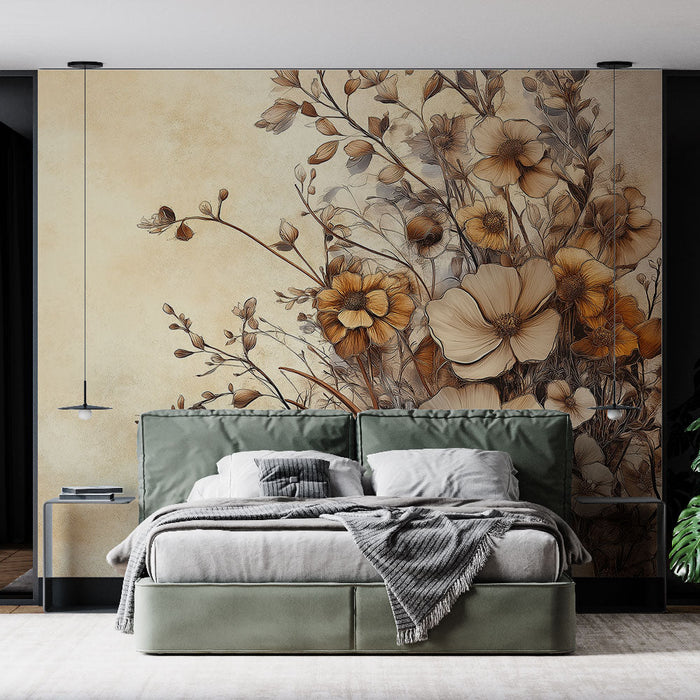 Tapet floral | Delikate blomster på beige baggrund