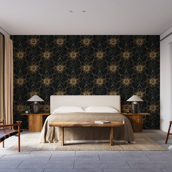 Χρυσό Ταπετσαρία τοιχωμάτων με λουλούδια | Κομψός σχεδιασμός λουλουδιών σε μαύρο φόντο