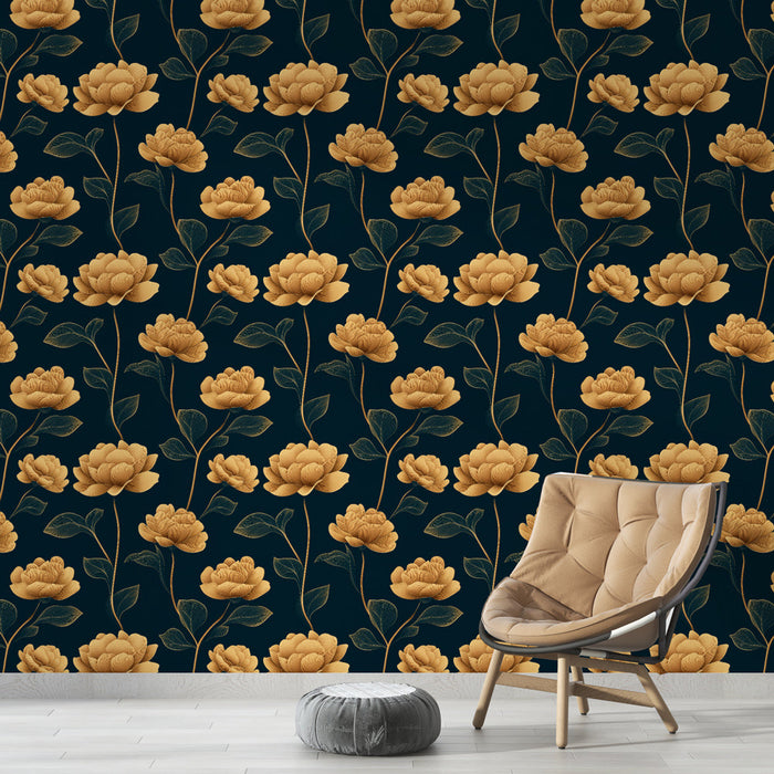 Fototapet floral doré | Elegante gyldne blomster på dyb sort baggrund