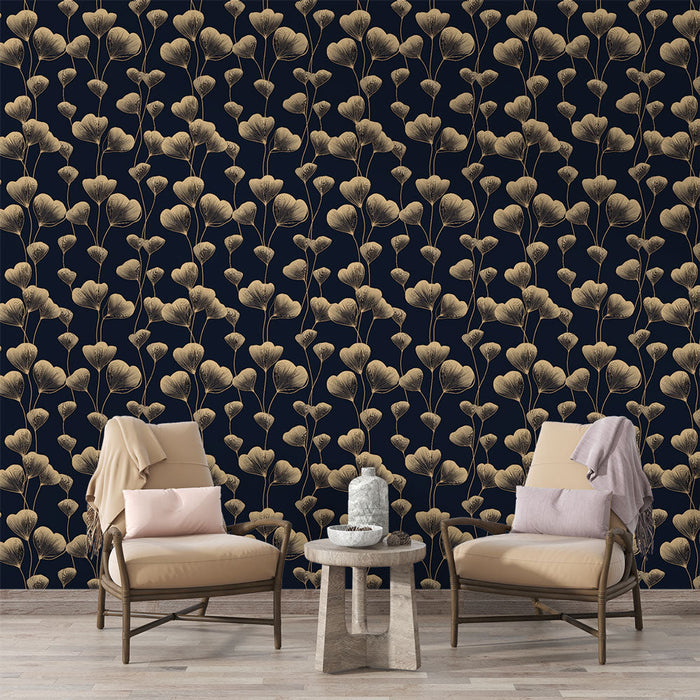 Foto Behang bloemen goud | Elegante bladeren op een middernachtblauwe achtergrond