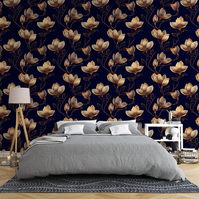 Papel de parede floral dourado | Elegantes flores de magnólia em um fundo escuro