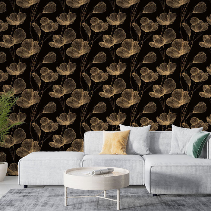 Tapeta s květinovým vzorem v zlaté barvě | Elegantní květiny na černém pozadí