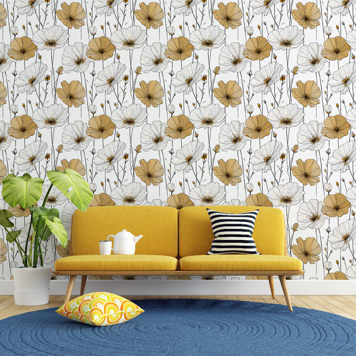 Fototapet blomster gull og hvit | Delikate blomstermønstre på lys bakgrunn