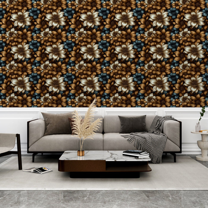 Papel de parede floral dourado e azul | Padrão rico de flores em tons quentes e frescos