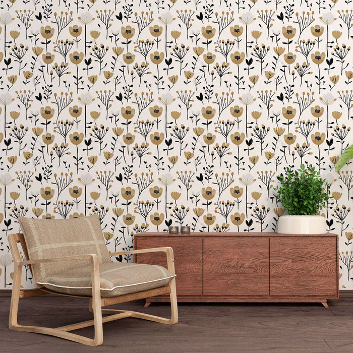 Tapete με λουλουδένια χρυσά και μαύρα | Κομψά μοτίβα λουλουδιών σε λευκό φόντο